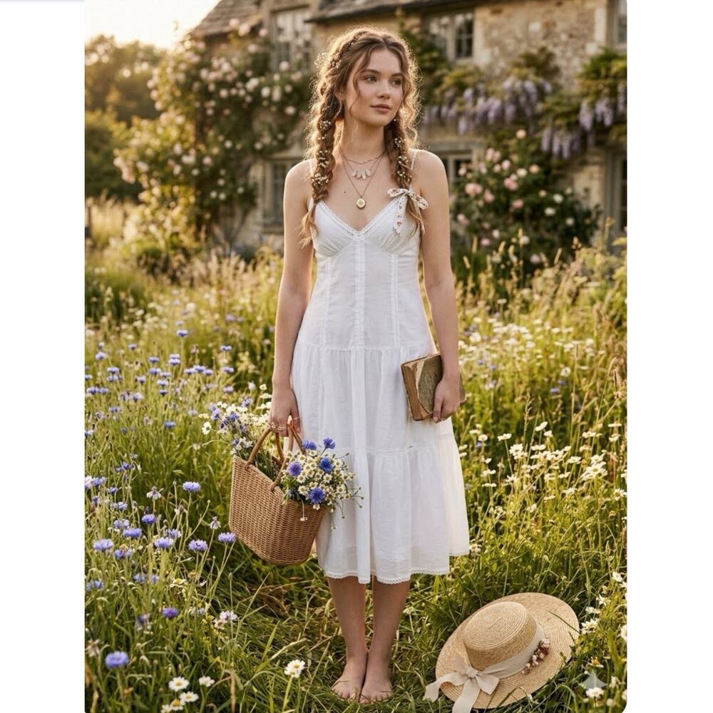 Frankies Bikinis x PINK Indiana tiered Midi Dress White XL Romantic lace prairie